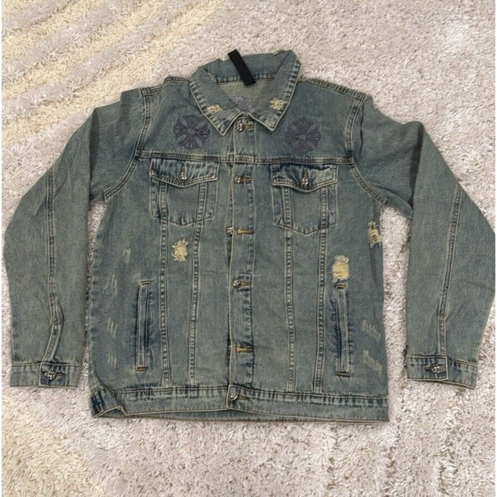 Chrome Hearts Horseshoe Logo Ripped Denim Jean Jacket Men’s Size Large